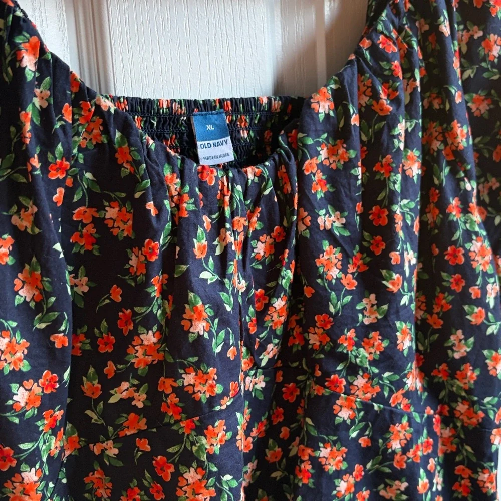 Old Navy Floral Cotton Puff Sleeve Babydoll Smocked Blouse Size XL Navy